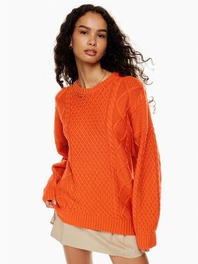 Aritzia Sunday Best Orange Cable Knit Crewneck Oversized Sweater Size 2XS